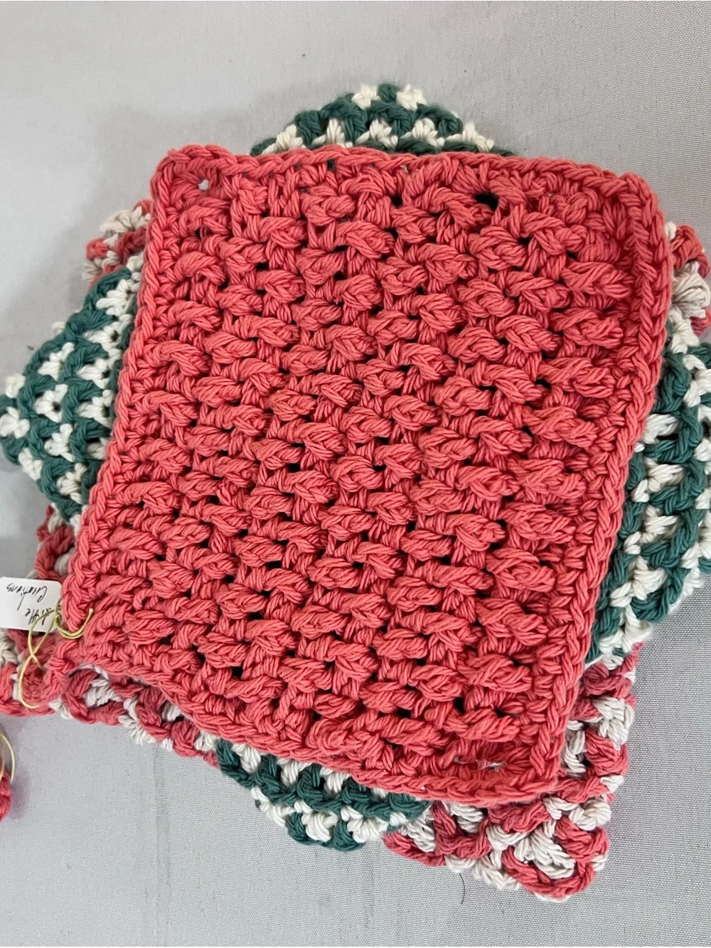 Handmade Crocheted trivets and Dishcloth - Coral & Green Set